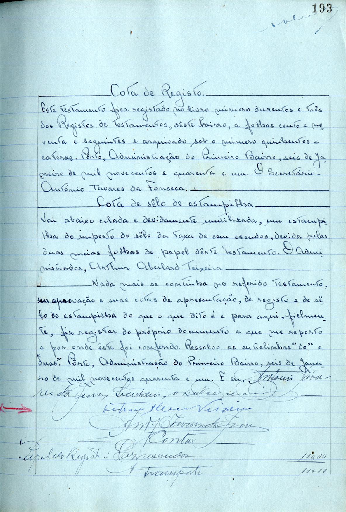 Registo do testamento com que faleceu Adão de Almeida, viúvo de Idalina Aurora Amaro de Almeida, comerciante