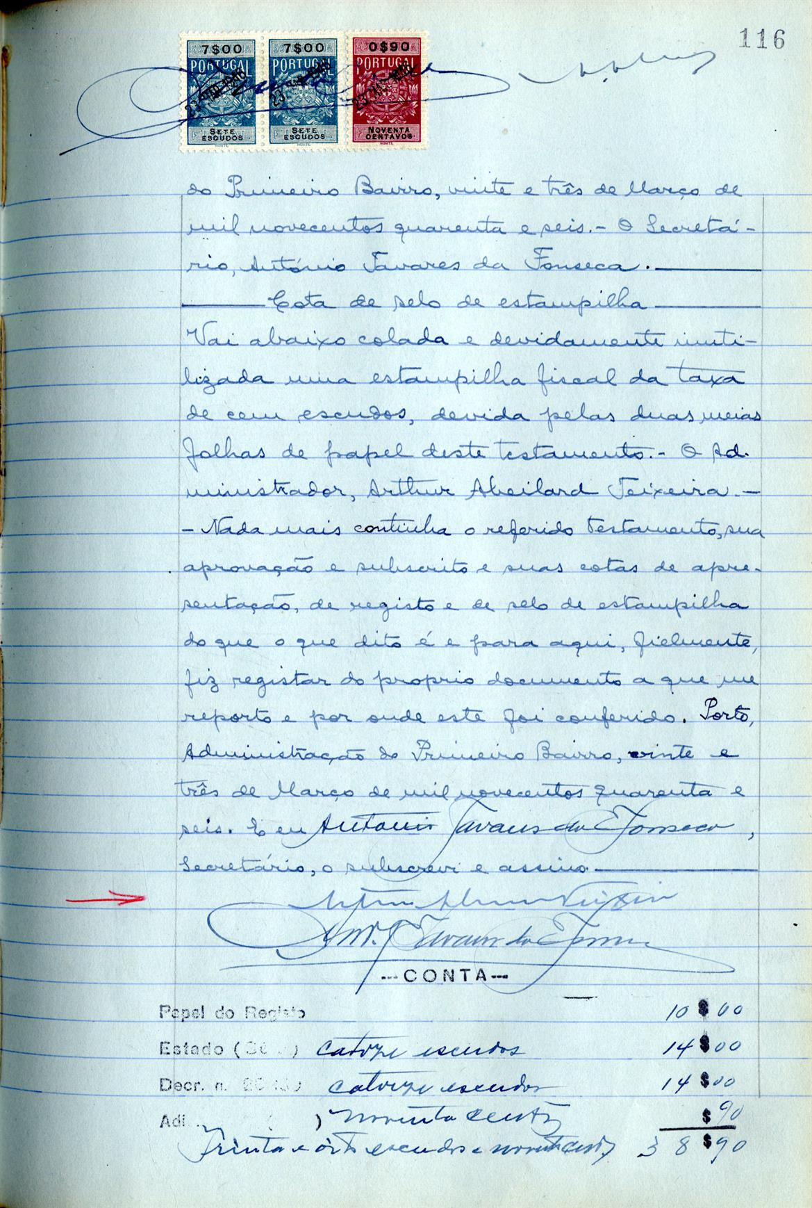 Registo do testamento com que faleceu Aloísio Guilherme Pereira Bravo de Meneses, proprietário