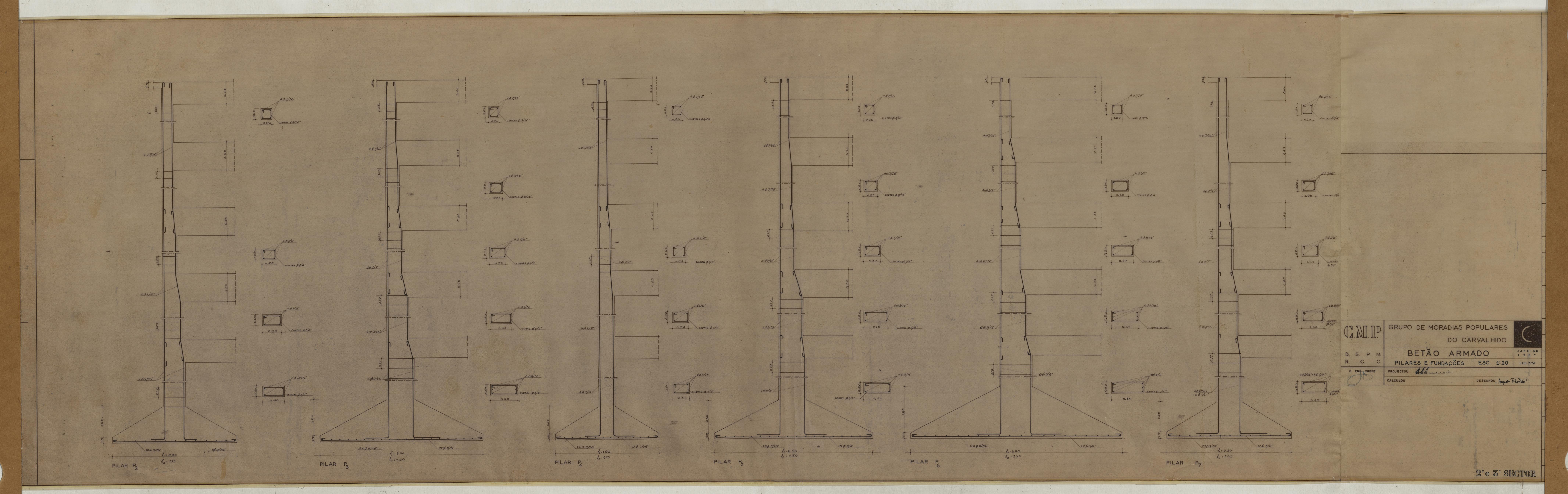 Bairro do Carvalhido : fundações e estrutura : estabilidade : pormenores de vigas, pilares e lajes