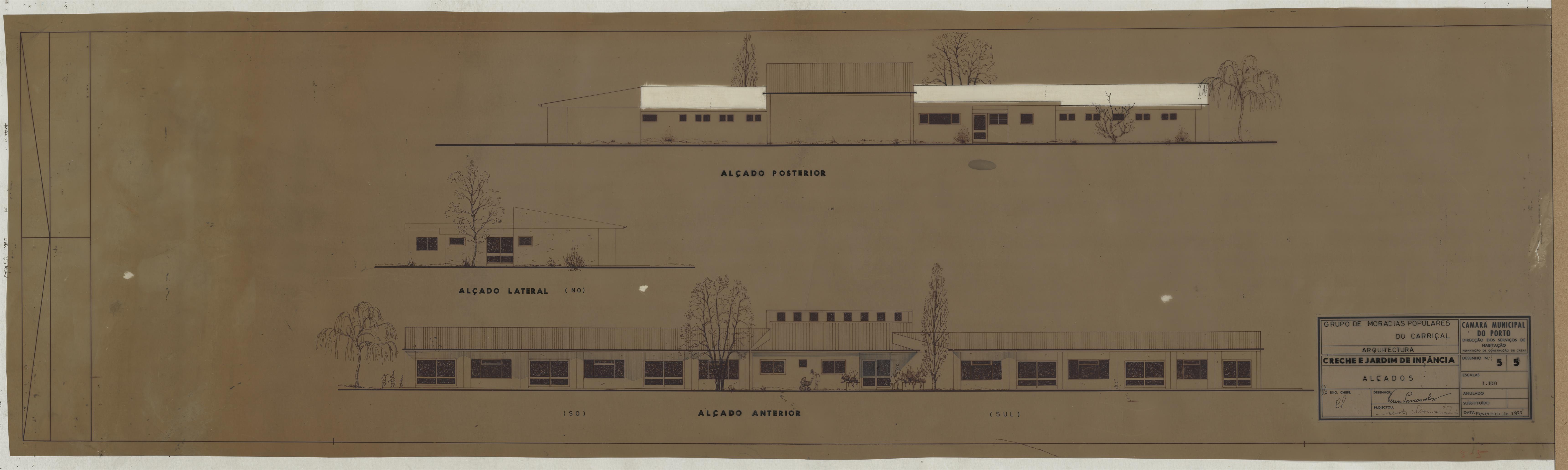 Grupo de Moradias Populares do Carriçal : creche e jardim de infância : arquitetura : alçados/cortes