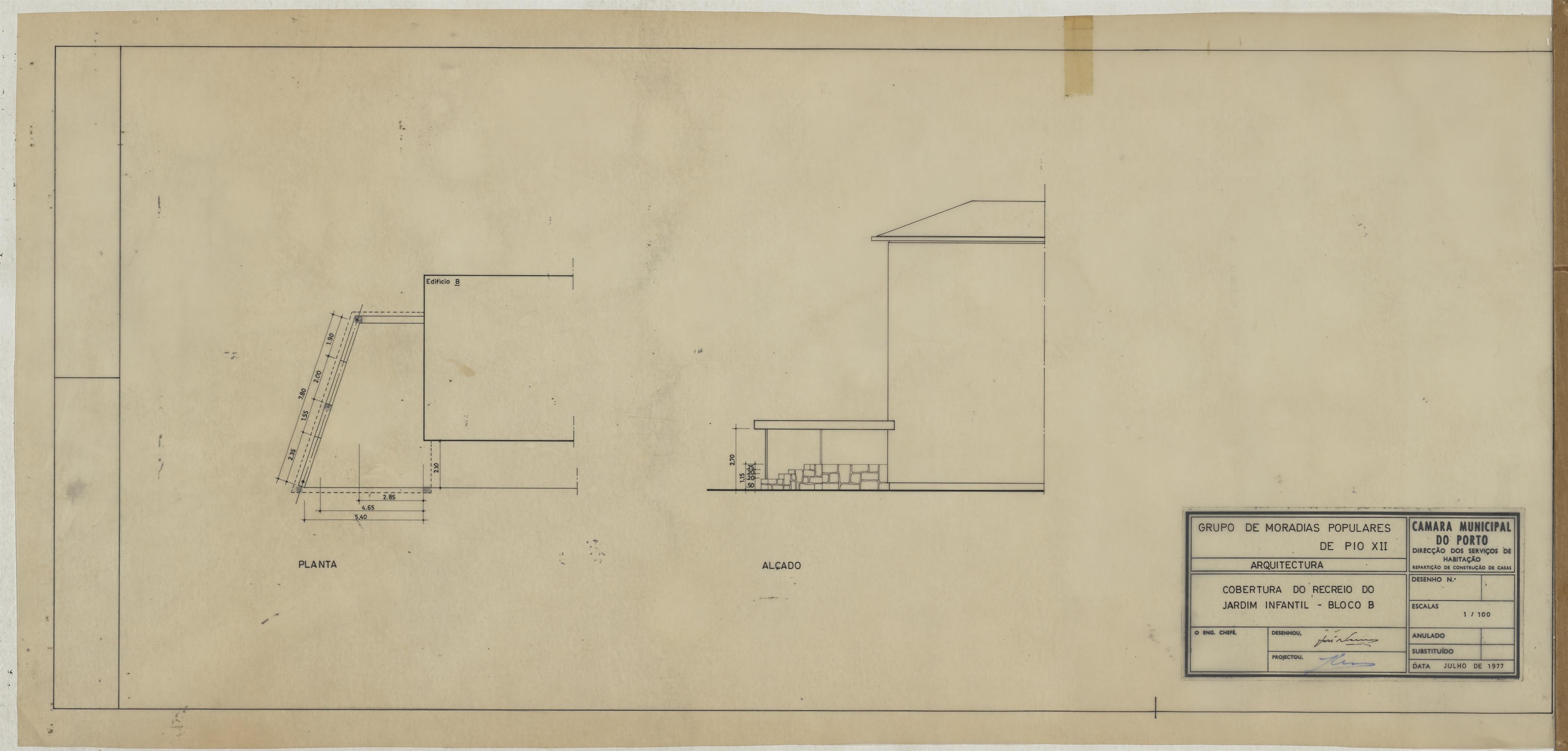 Grupo de Moradias Populares de Pio XII : cobertura do recreio do jardim infantil : bloco B : arquitetura : plantas, alçados e cortes