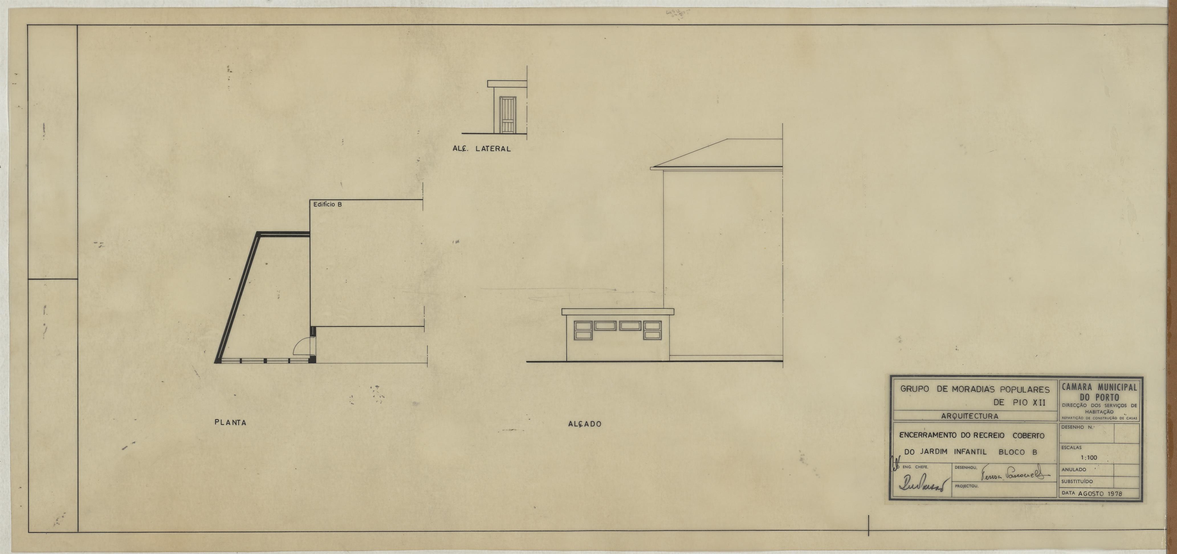 Grupo de Moradias Populares de Pio XII : cobertura do recreio do jardim infantil : bloco B : arquitetura : plantas, alçados e cortes
