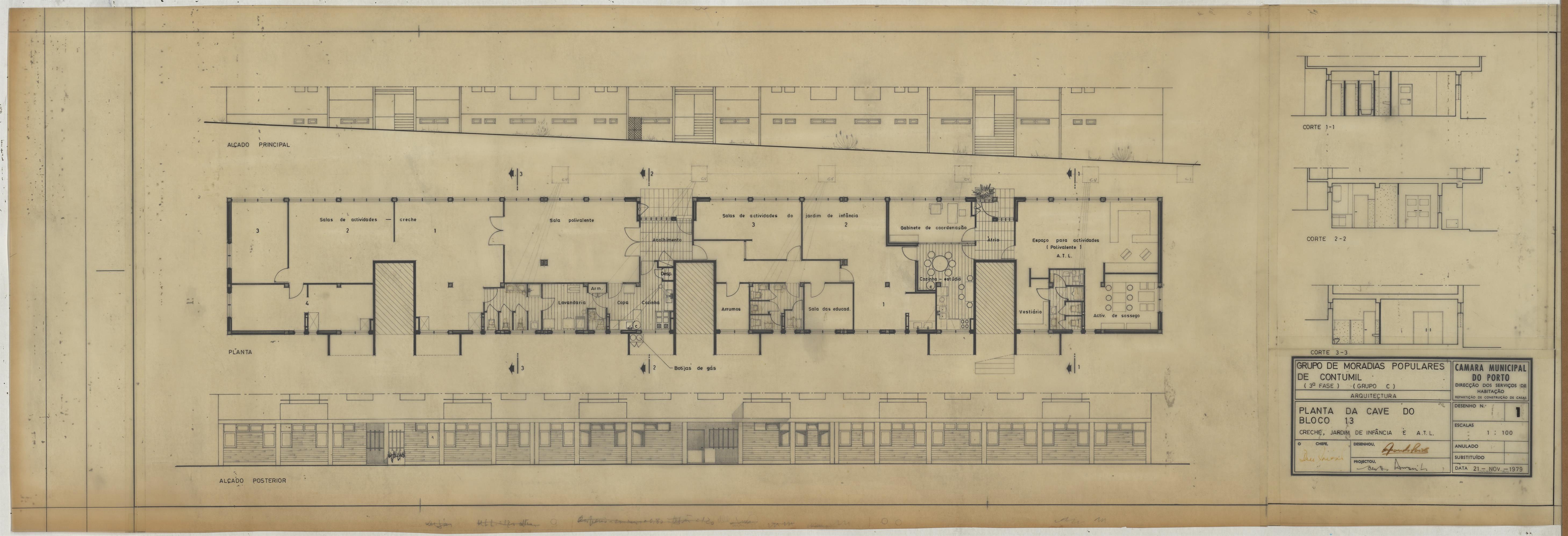 Grupo de Moradias Populares de Contumil : 3.ª fase : Grupo C : planta da cave do Bloco 13 : creche, jardim de infância e ATL : arquitetura