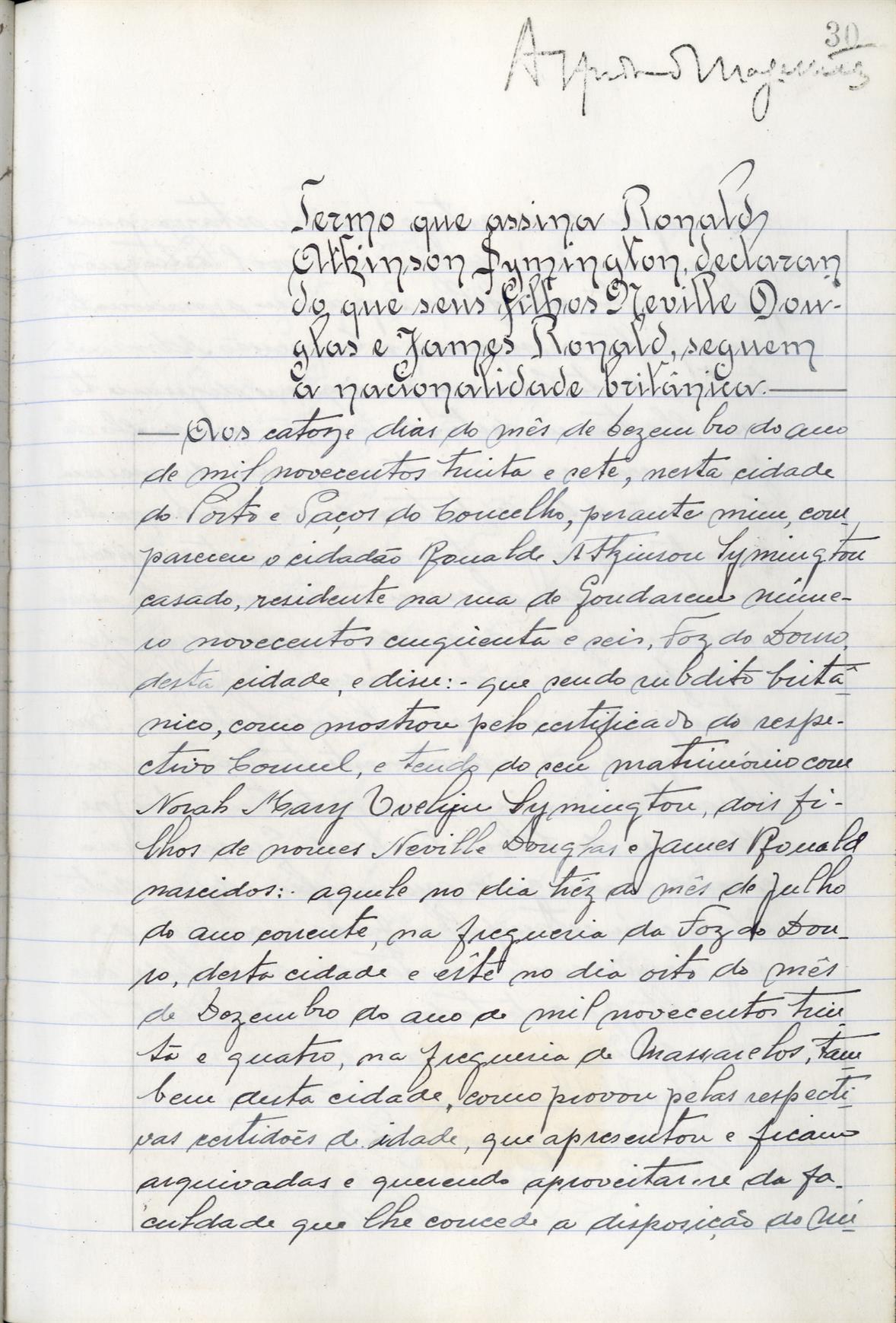 [Termo declarativo de nacionalidade de Ronald Athinson Symington]