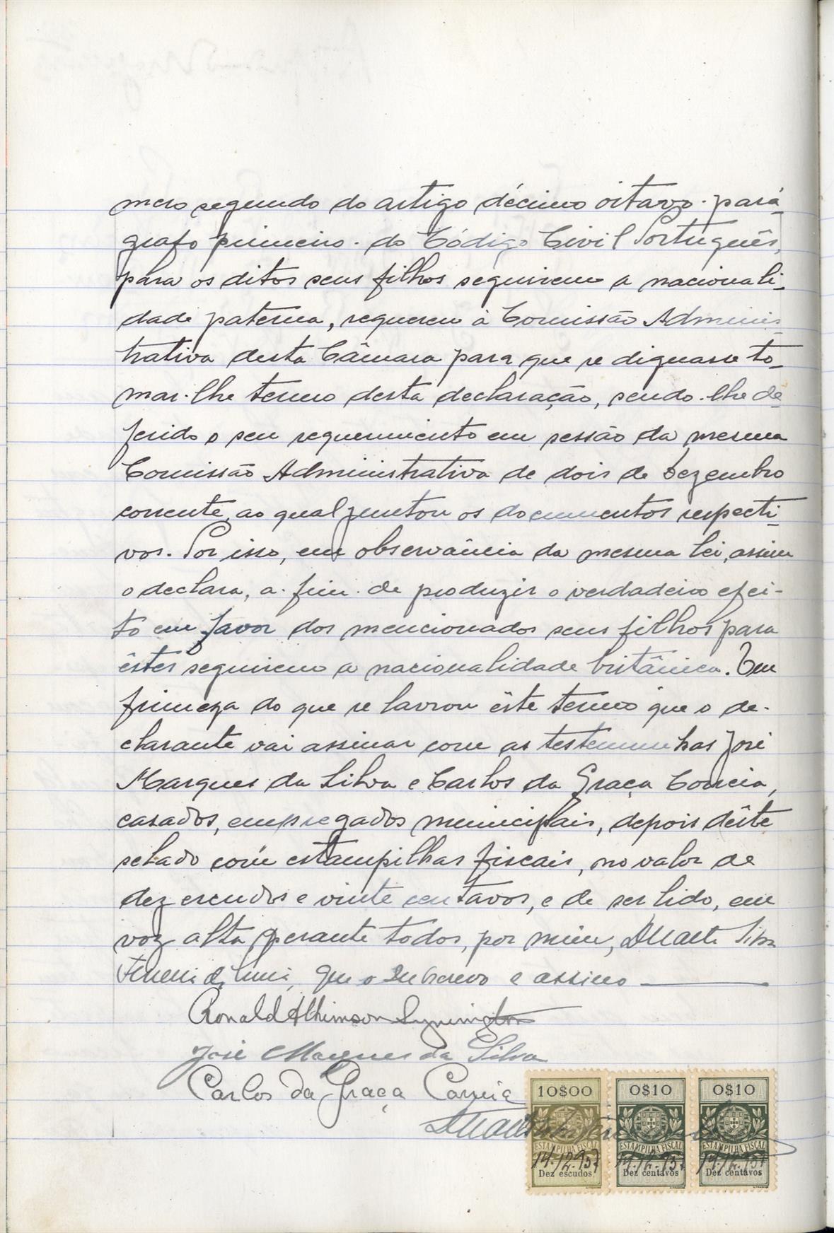 [Termo declarativo de nacionalidade de Ronald Athinson Symington]