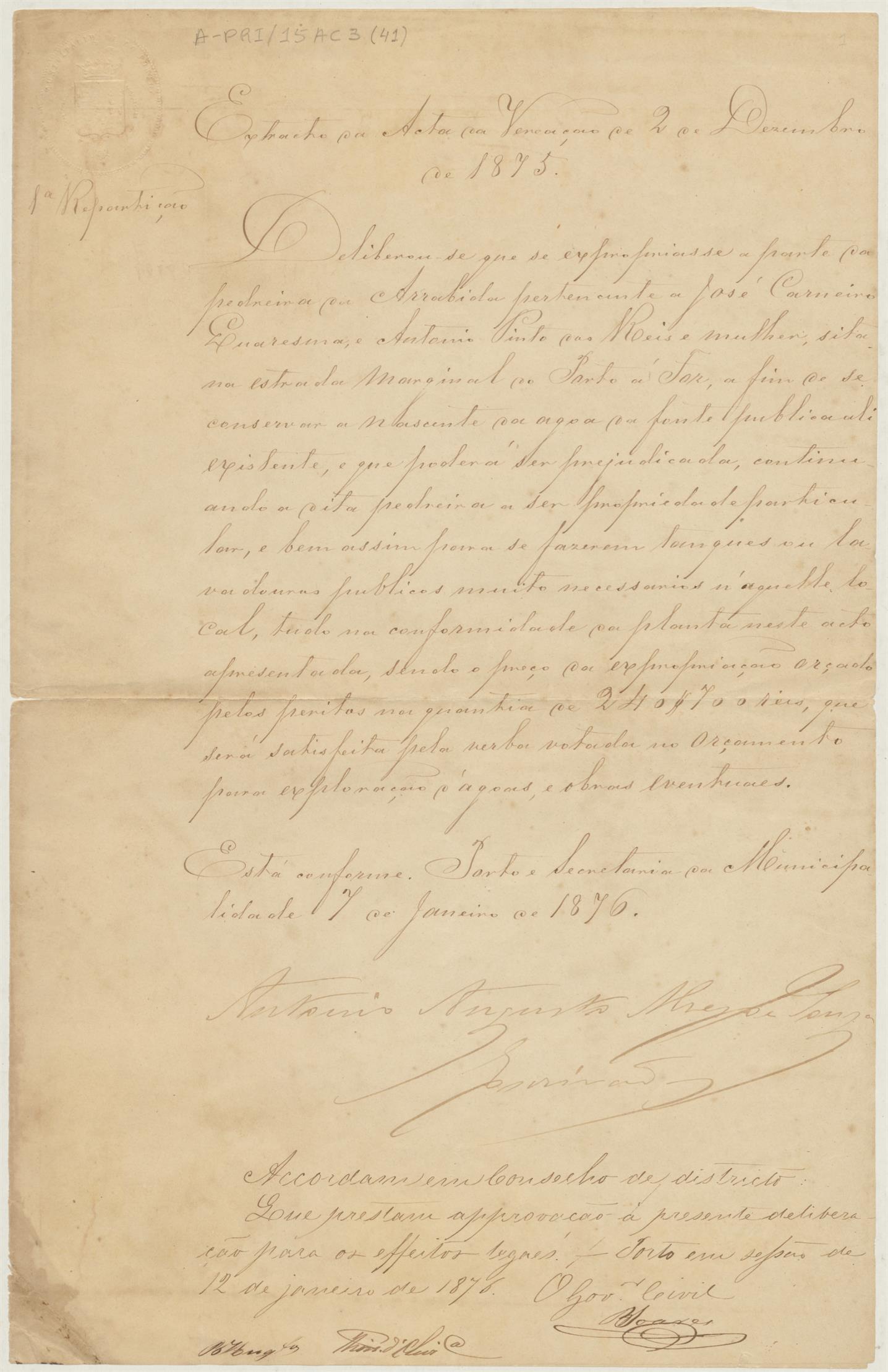 Excerto da ata de vereação de 2 de dezembro de 1875