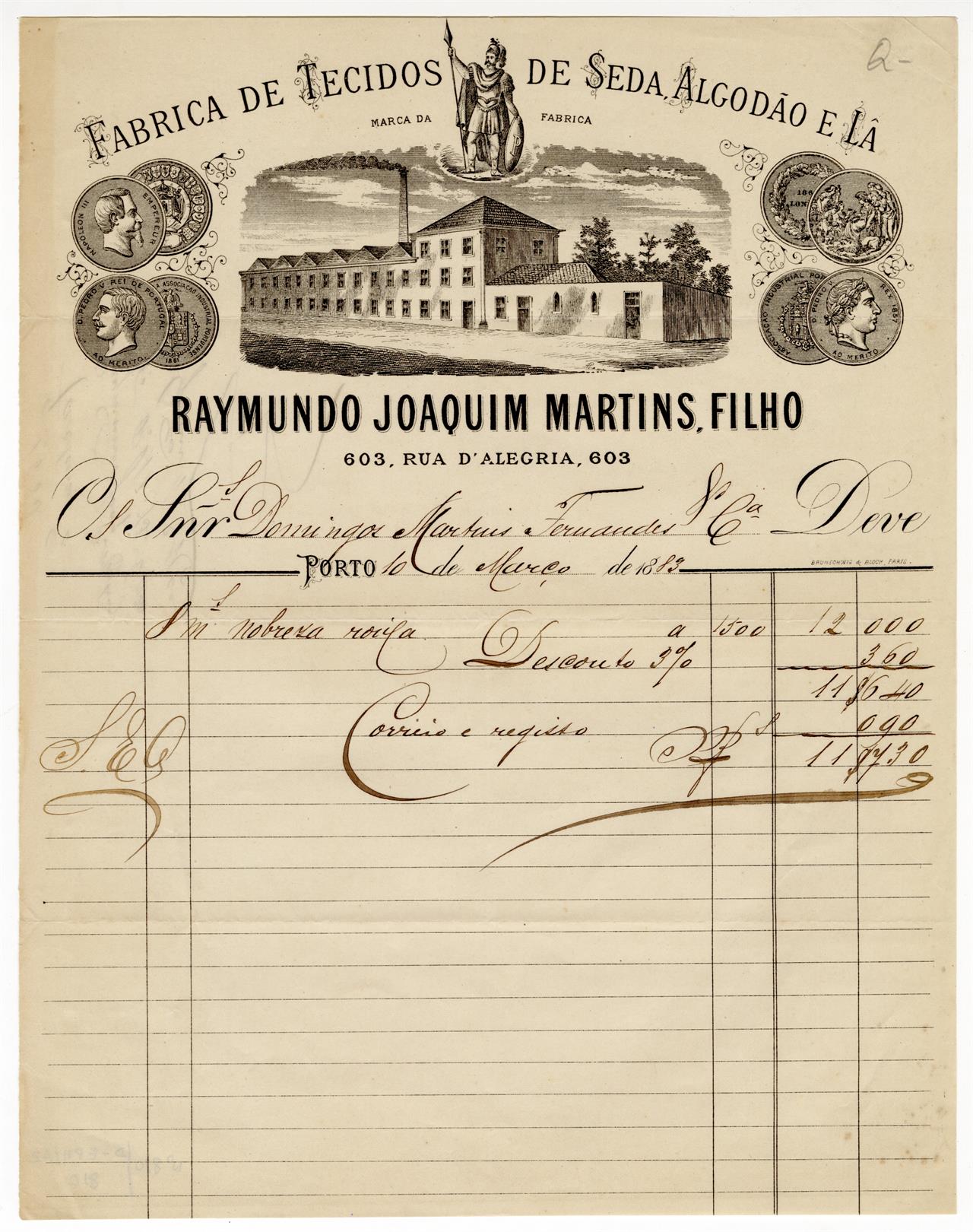 [Fatura da Fábrica de tecidos de seda, algodão e lã Raimundo Joaquim Martins, Filho]
