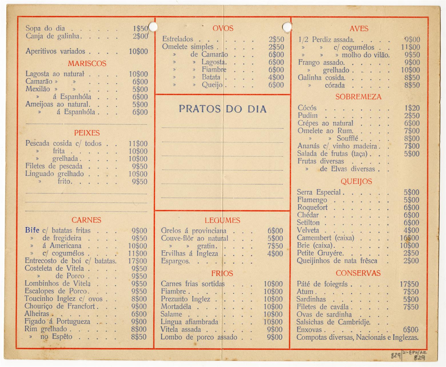 Restaurante Escondidinho de António J. da Silva : lista