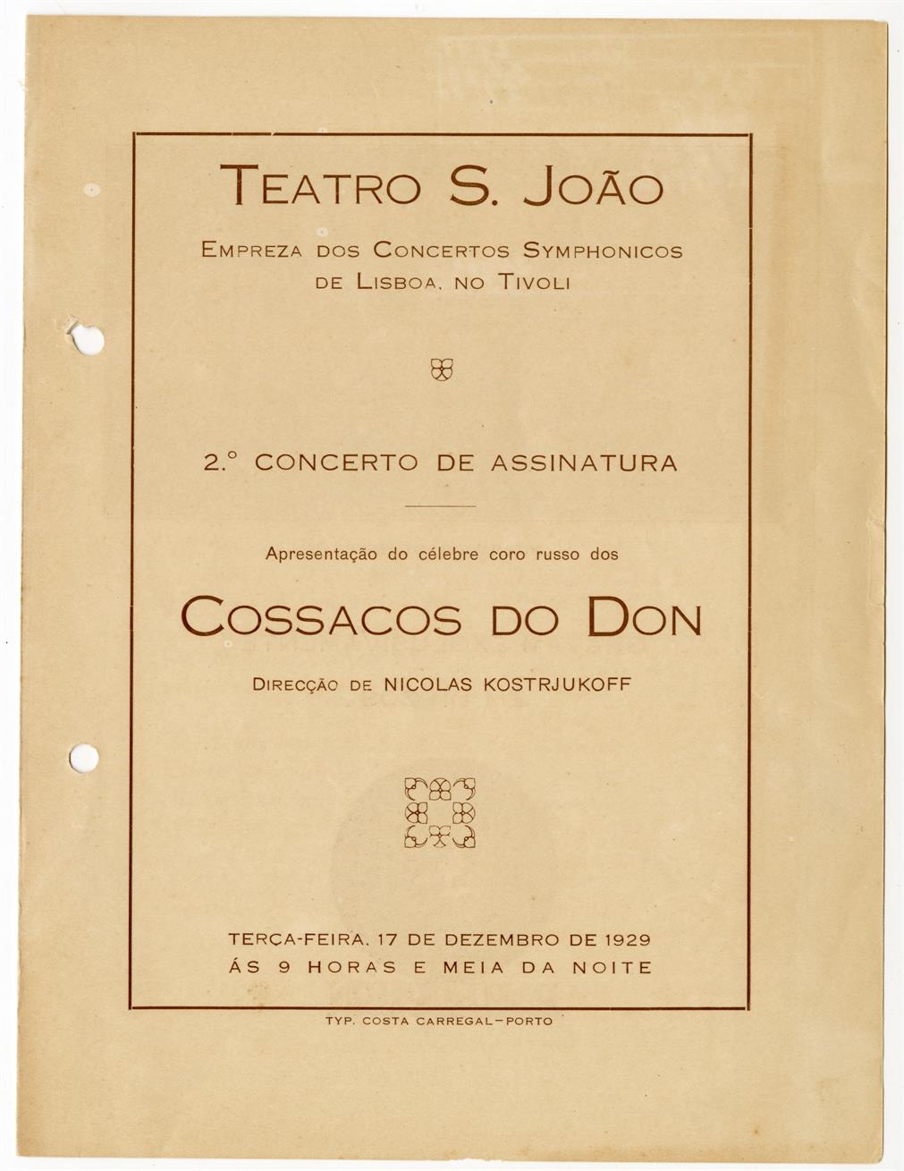 Teatro São João: 2.º concerto de assinatura : apresentação do célebre coro russo dos Cossacos do Don