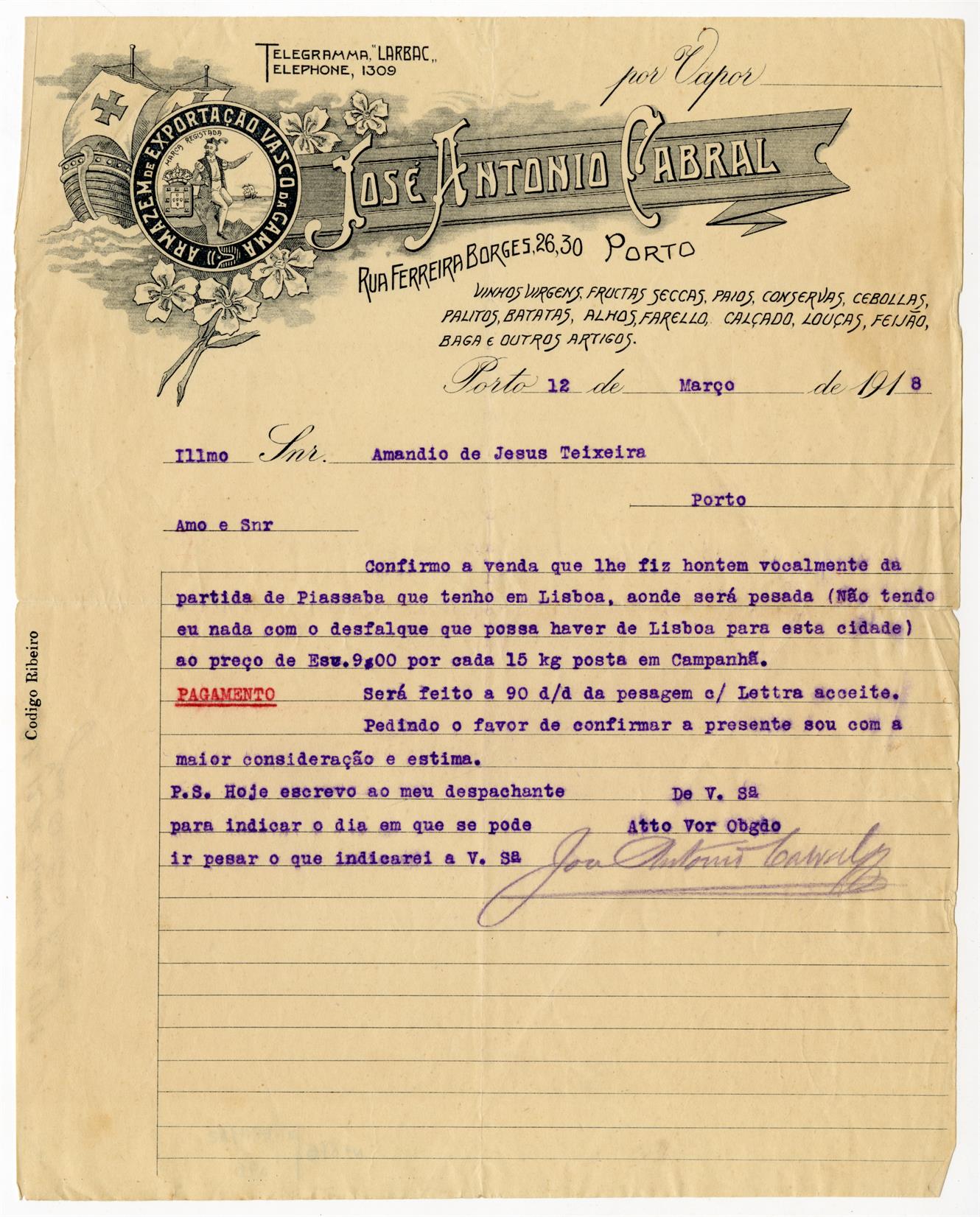 [Carta de José António Cabral, do Armazém de Exportação Vasco da Gama]