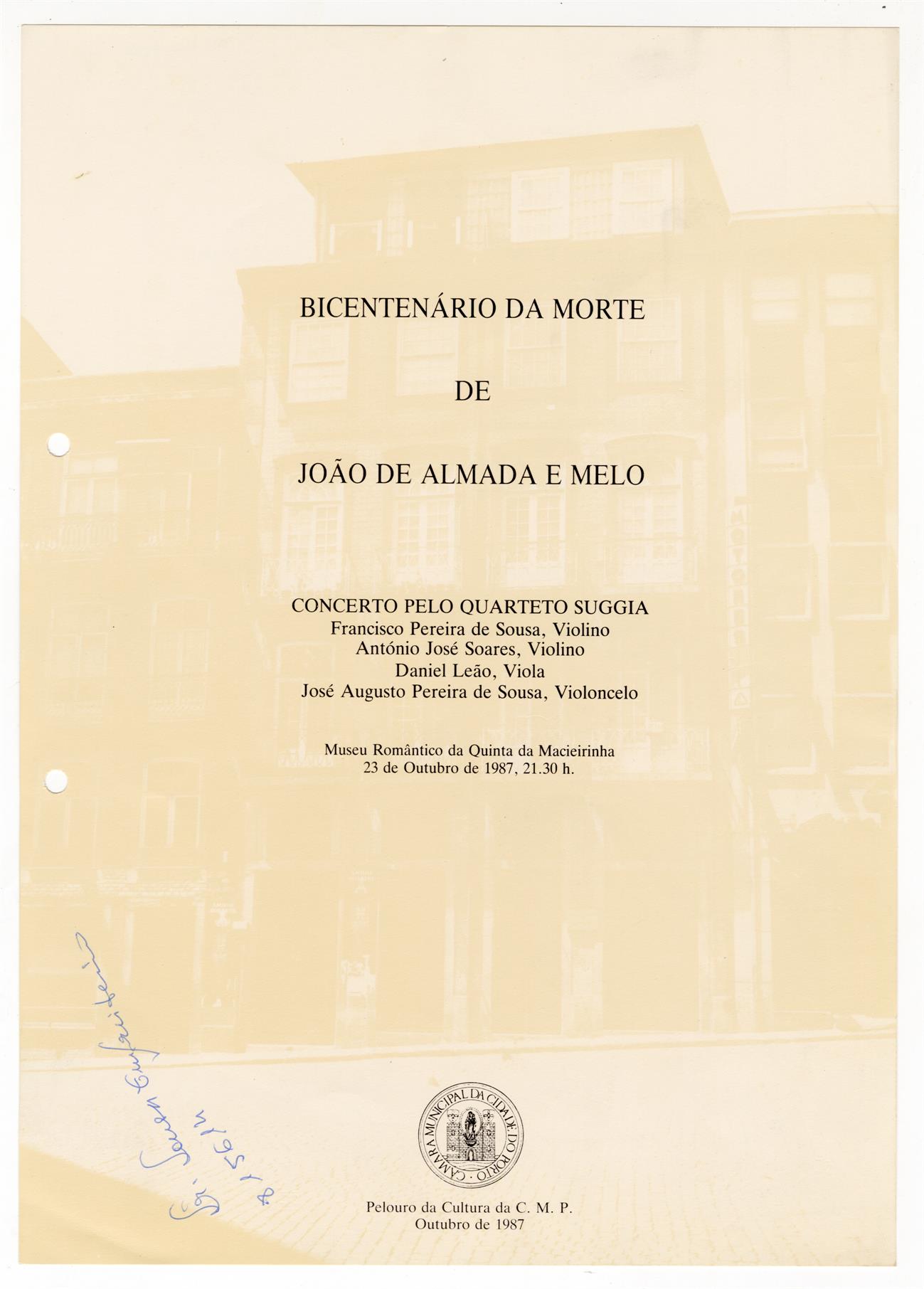 Bicentenário da morte de João de Almada e Melo: concerto pelo Quarteto Suggia