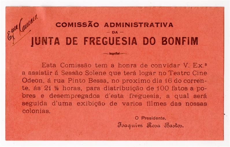 [Convite da] Comissão Administrativa da Junta de Freguesia do Bonfim
