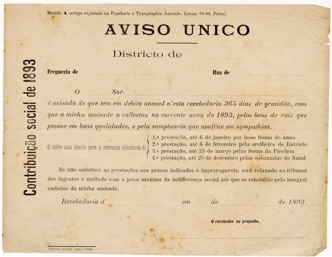 Contribuição Social de 1893 : aviso único