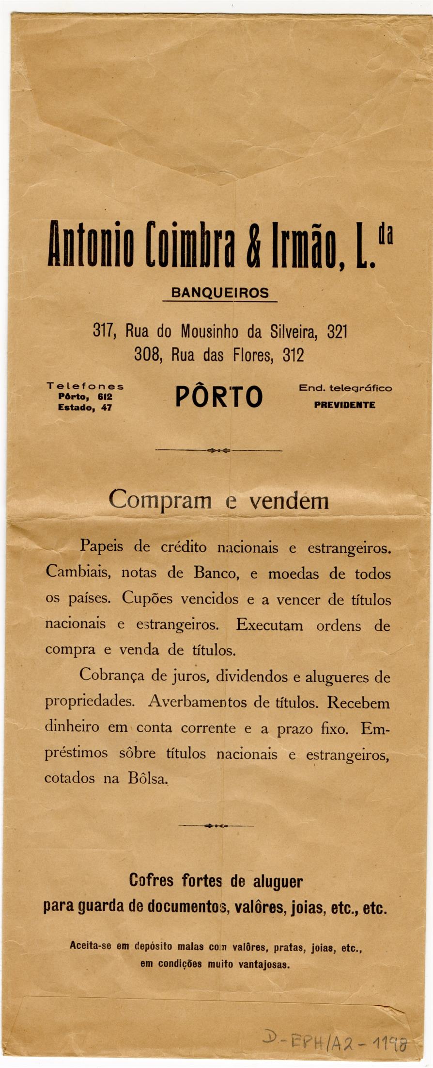 António Coimbra & Irmão, Lda. : banqueiros : compram e vendem cofres fortes de aluguer para guarda de documentos, valores, jóias, etc.