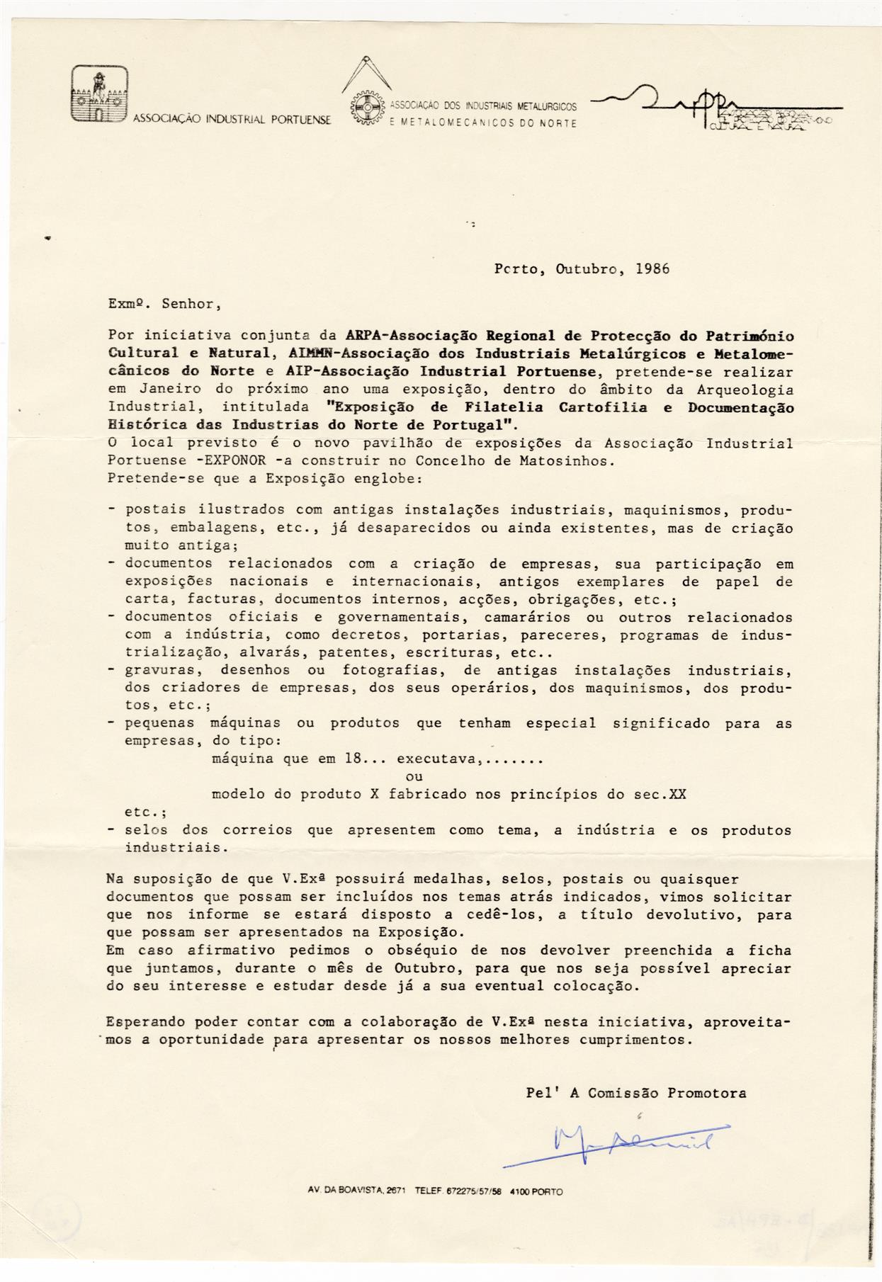 [Carta da Comissão Promotora da exposição de filatelia e documentação histórica das indústrias do Norte de Portuga]