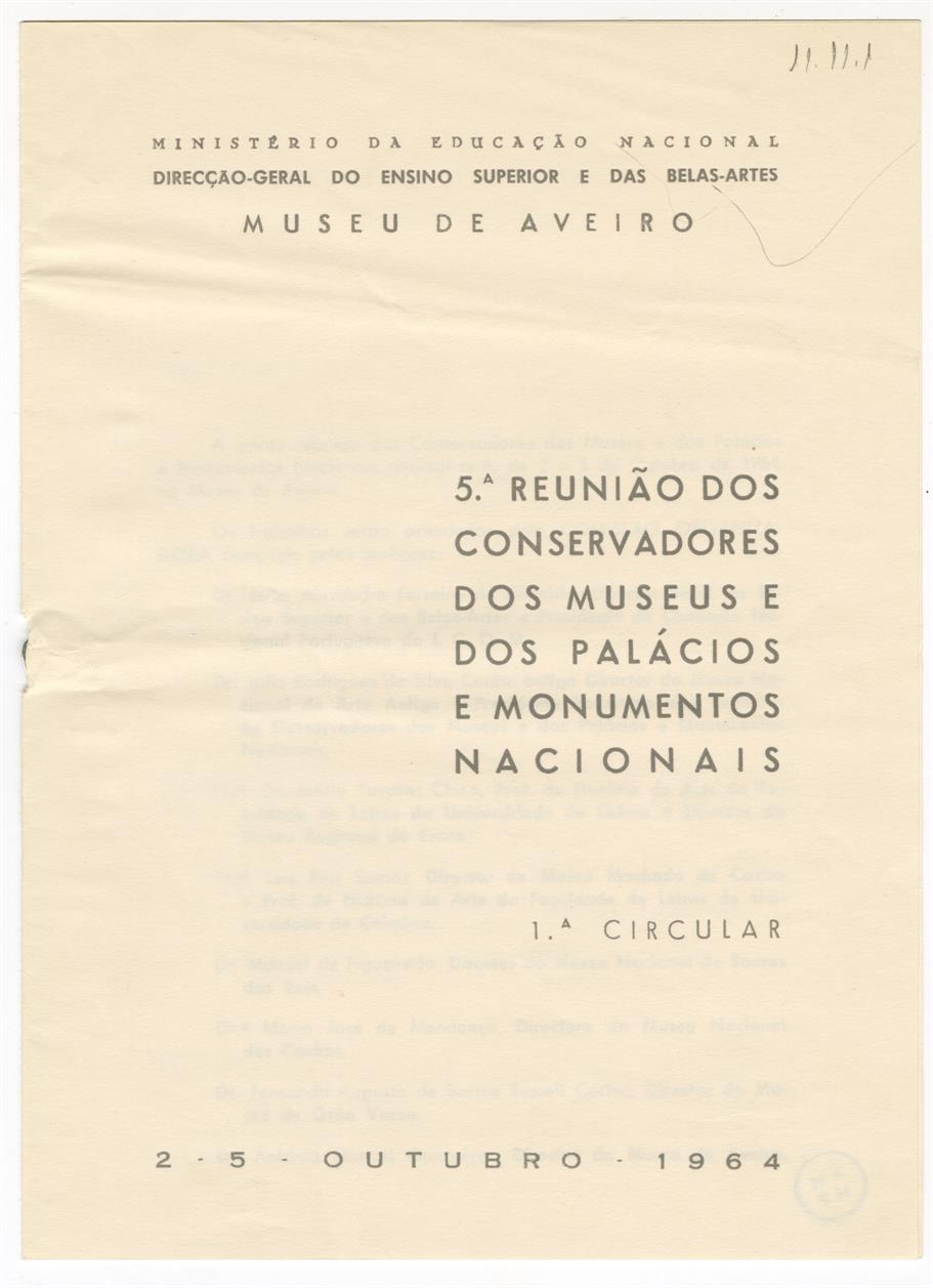 5.ª reunião dos Conservadores dos Museus e dos Palácios e Monumentos Nacionais : 1.ª circular