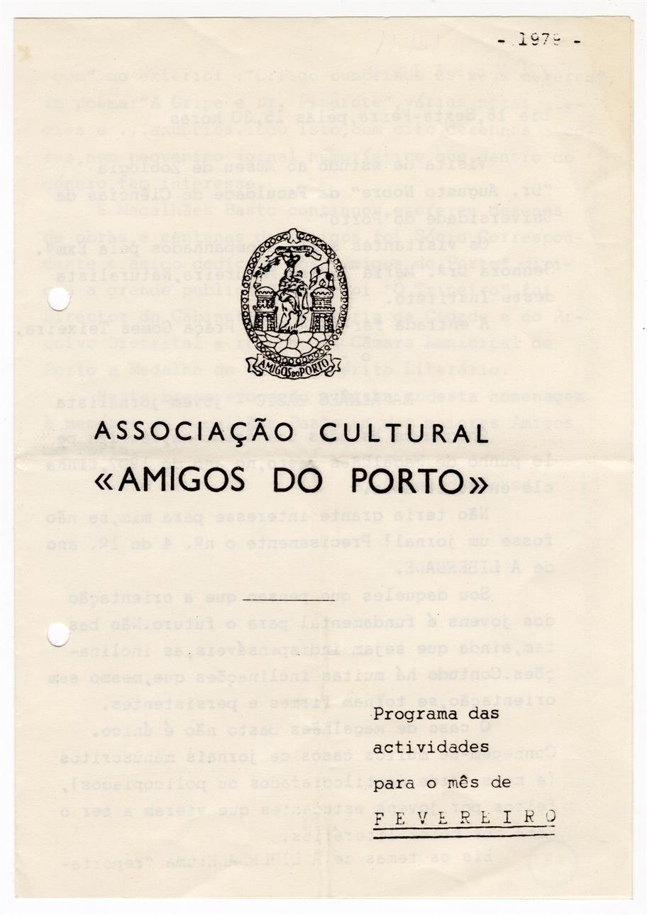Associação Cultural Amigos do Porto : programa das atividades para o mês de fevereiro