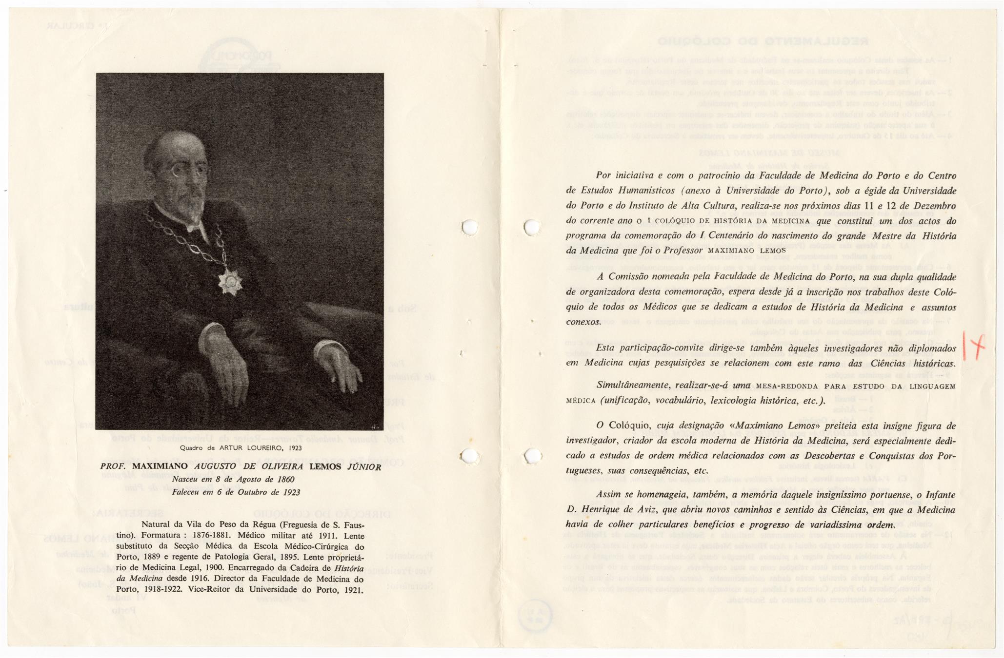 1.º Colóquio da História da Medicina Professor Maximiano Lemos : 1.ª circular
