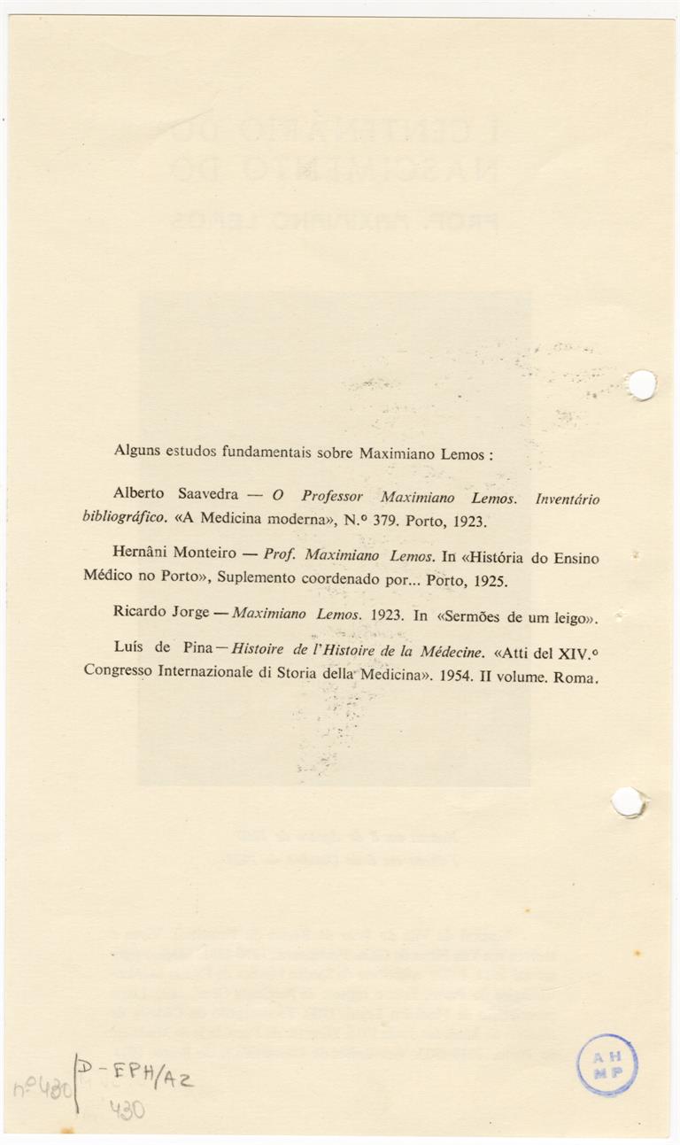 1.º Colóquio da História da Medicina Professor Maximiano Lemos : 1.ª circular