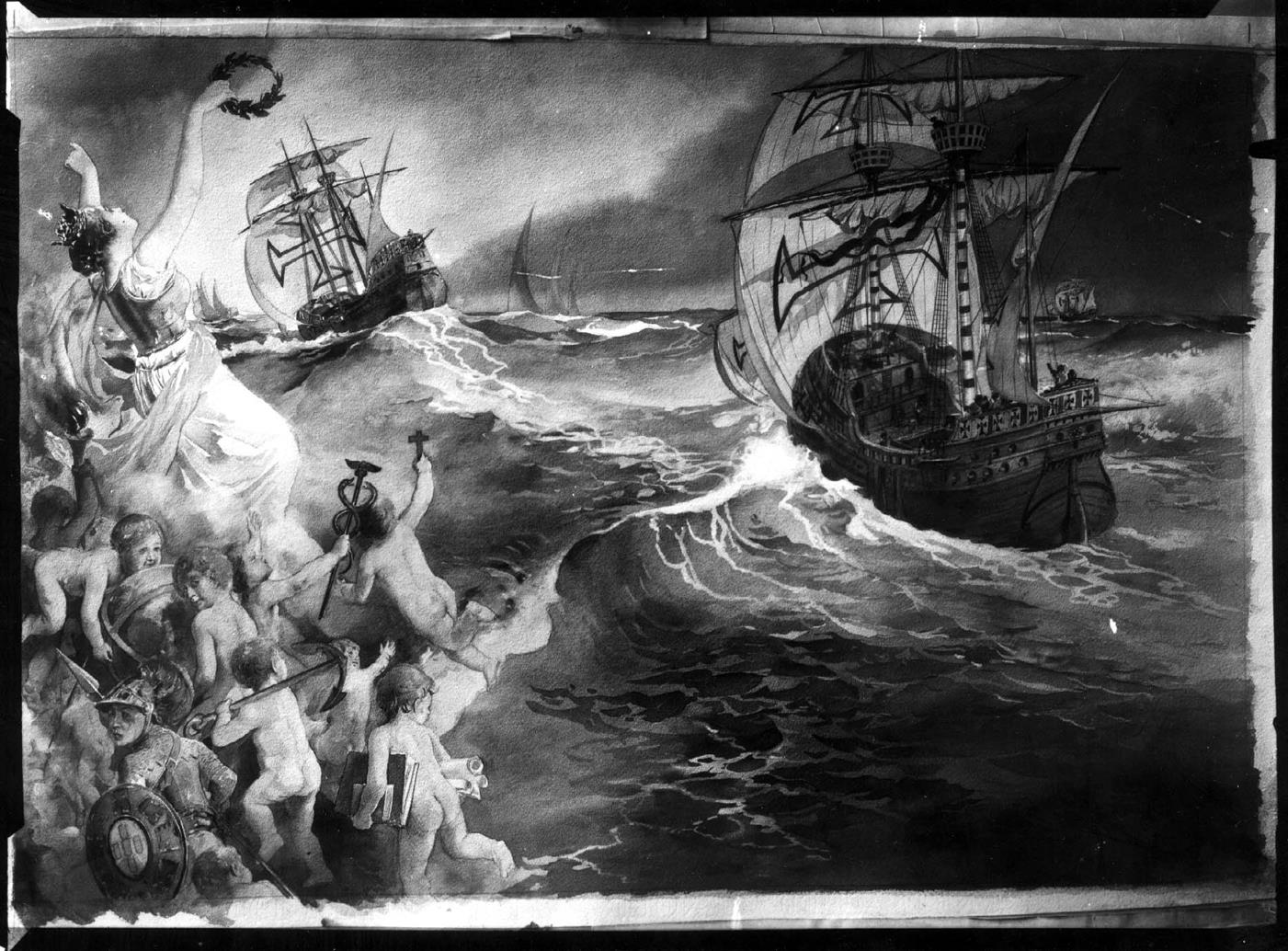 Naus portuguesas navegando no alto mar "Lusíadas" : obra de Roque Gameiro