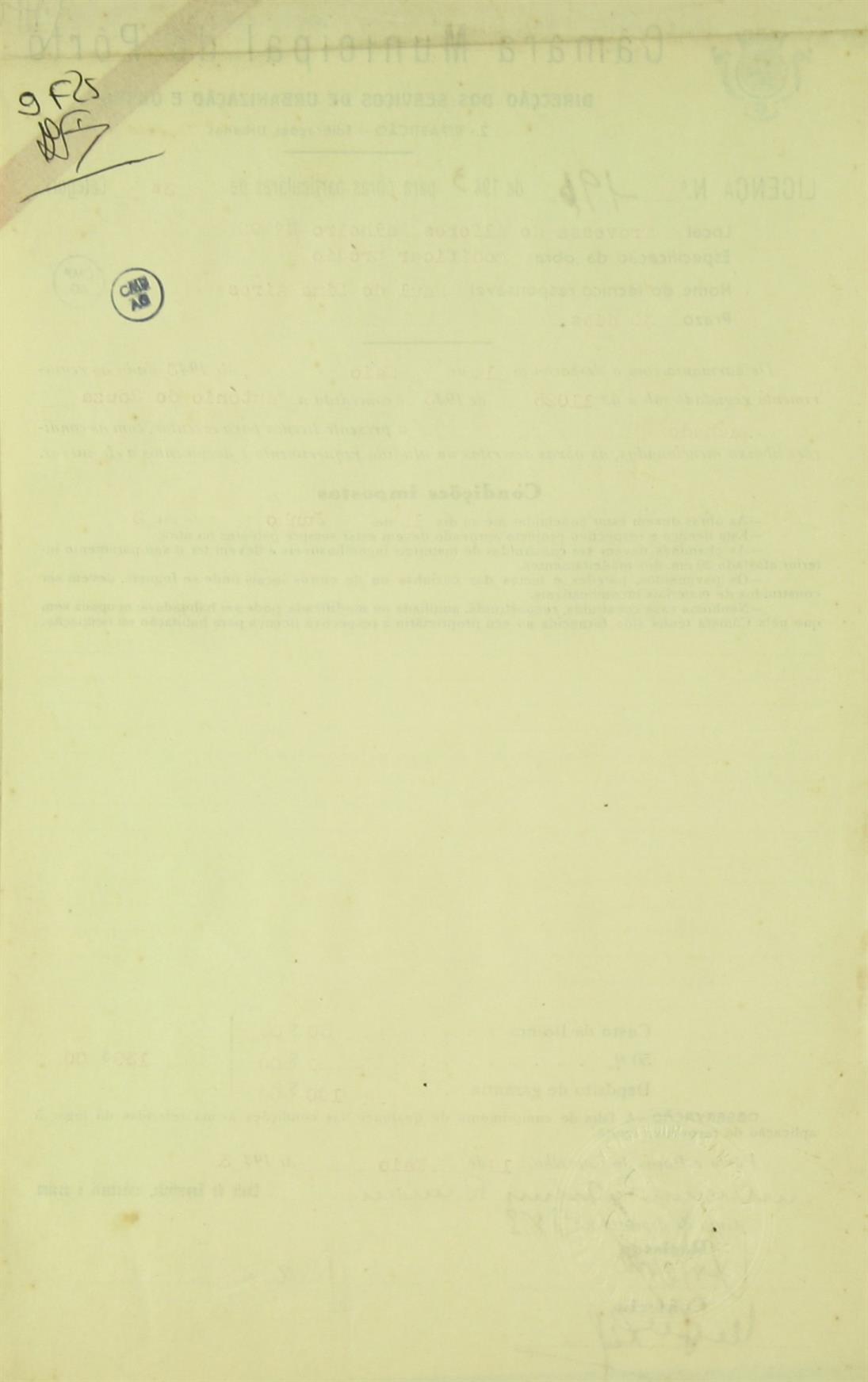 Licença nº 196 de 1943 para Obras Particulares de 3ª Categoria