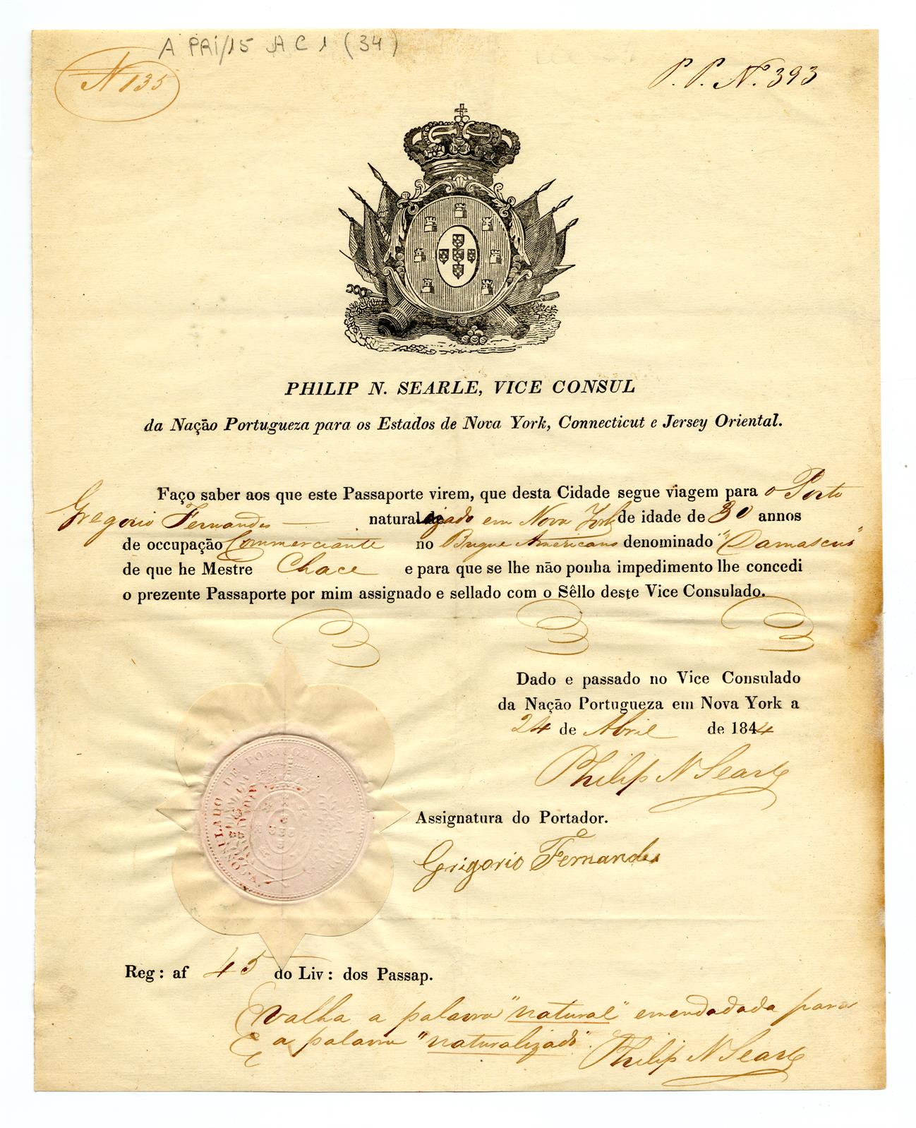 Passaporte de Gregório Fernandes