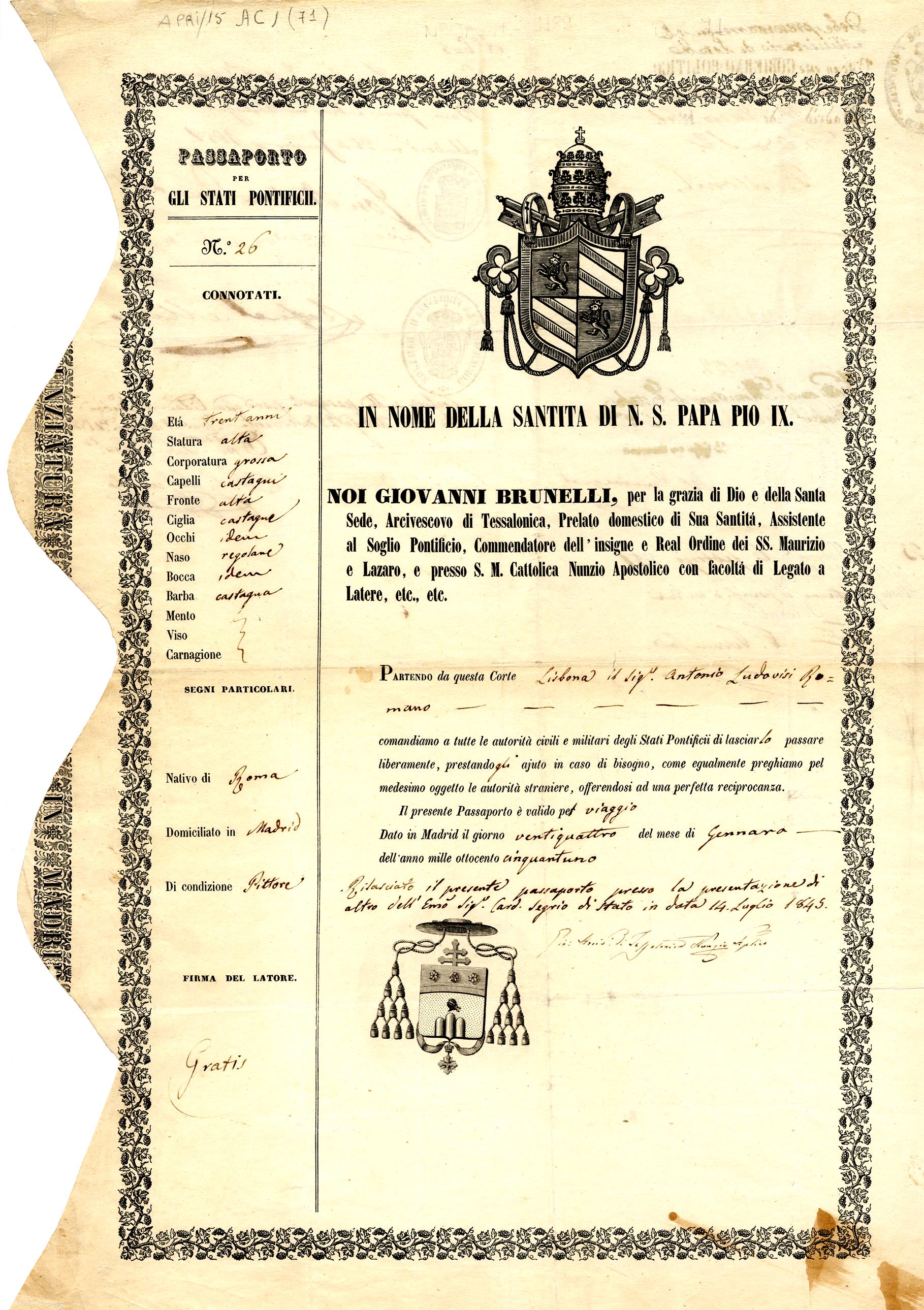 Passaporte de Antonio Ludovisi Romano