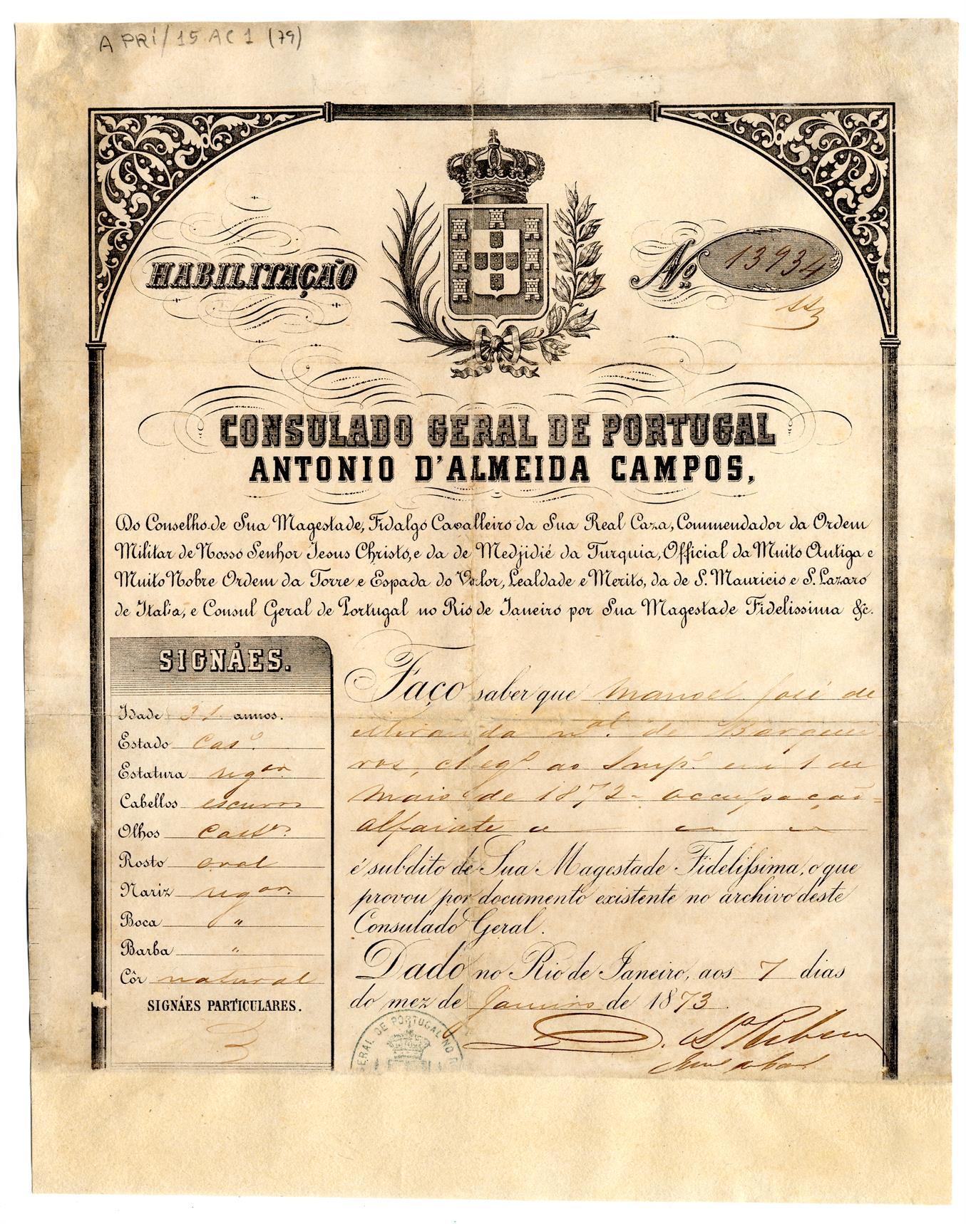 Habilitação (documento comprovativo da cidadania portuguesa) de Manuel José de Miranda