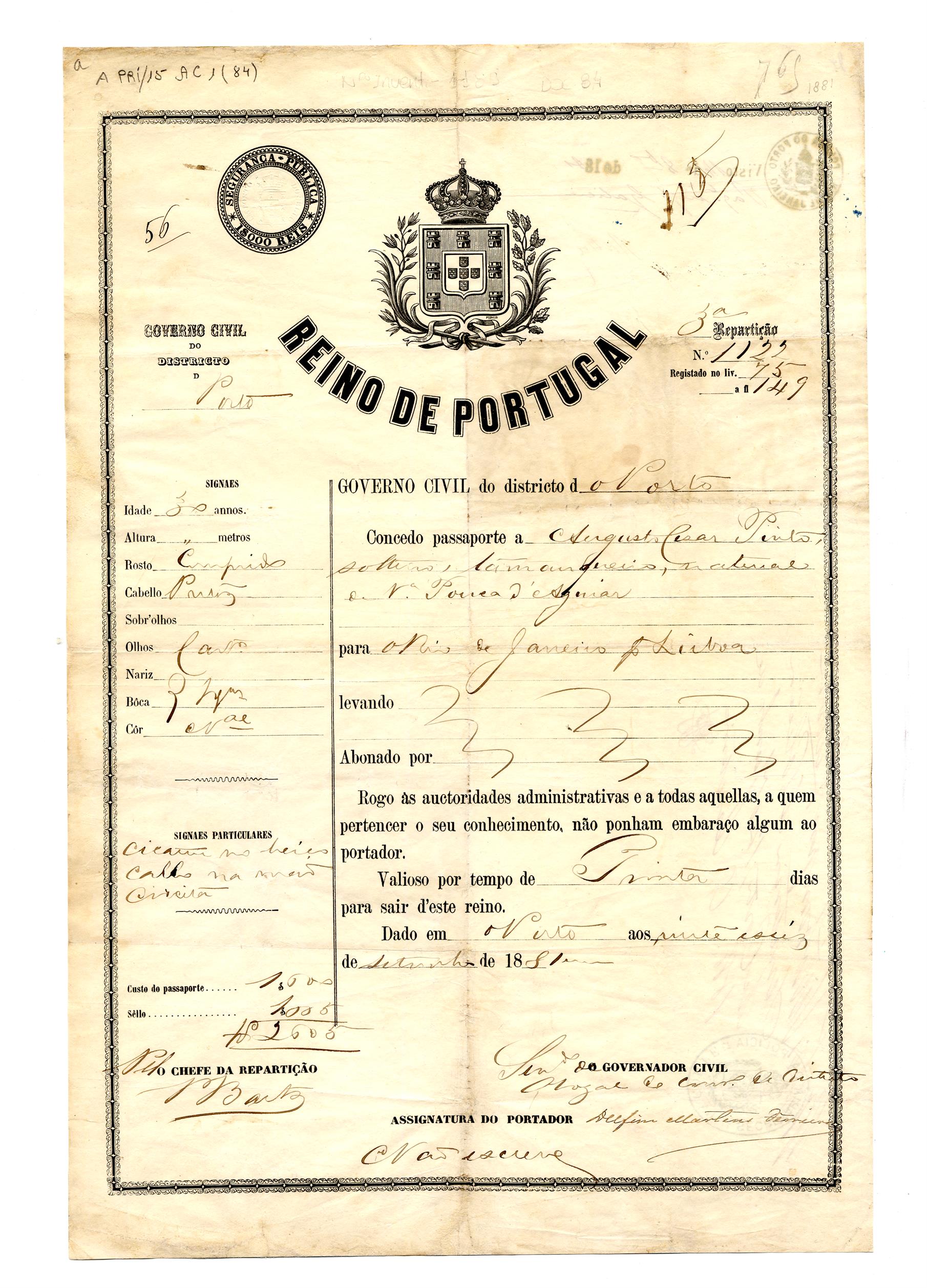 Passaporte de Augusto César Pinto