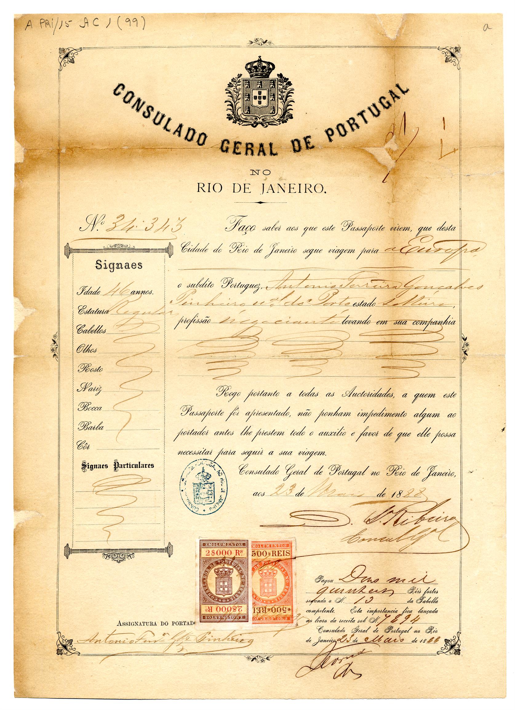 Passaporte de António Ferreira Gonçalves Pinheiro