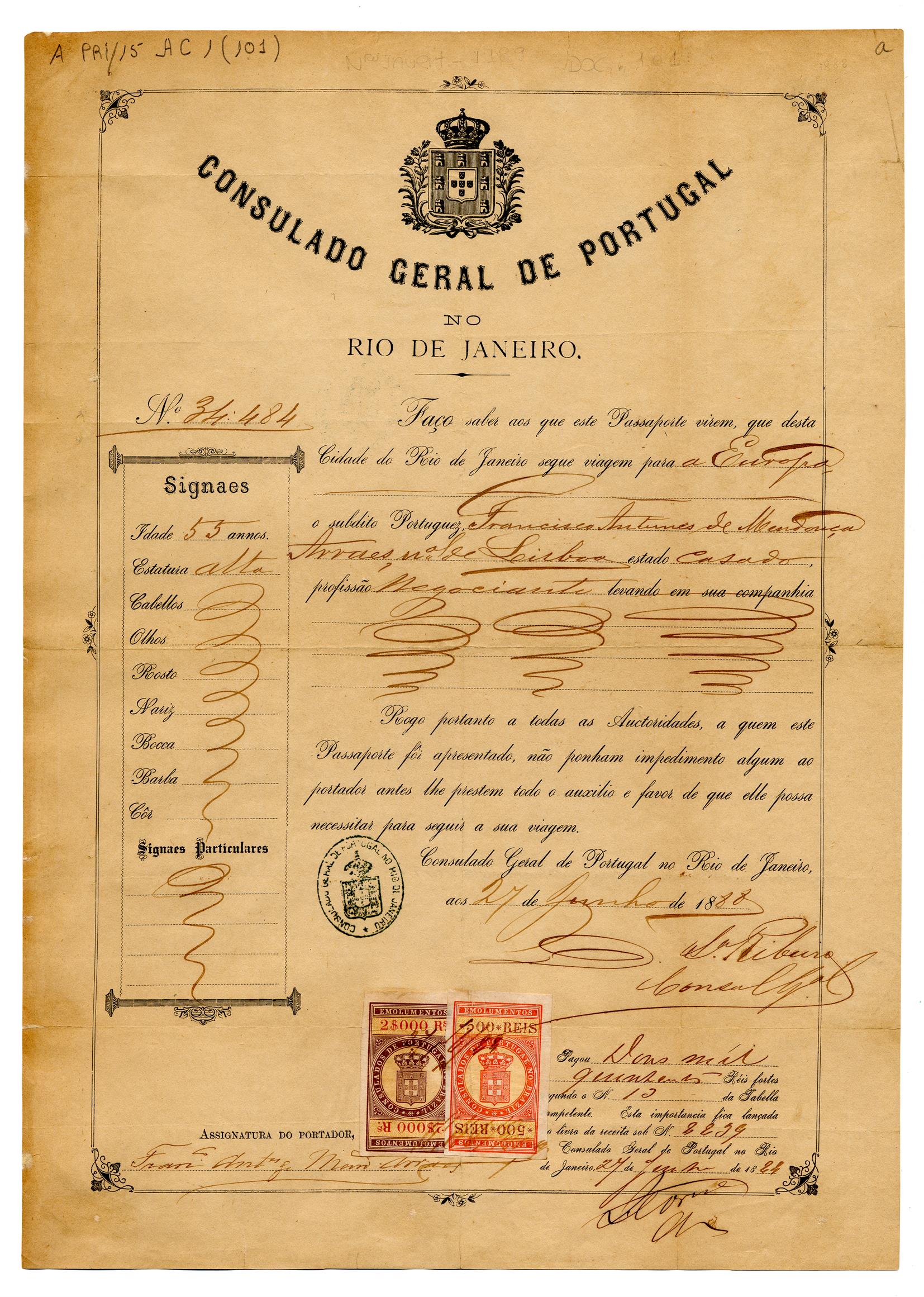 Passaporte de Francisco Antunes de Mendonça Arrais