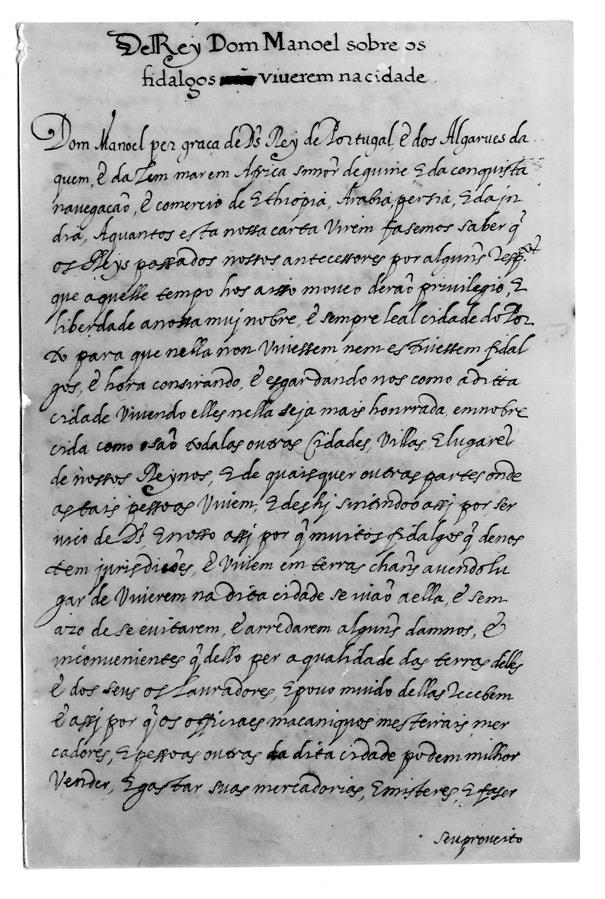 O Porto e a residência dos fidalgos : carta do rei D. Manuel sobre os fidalgos viverem no Porto