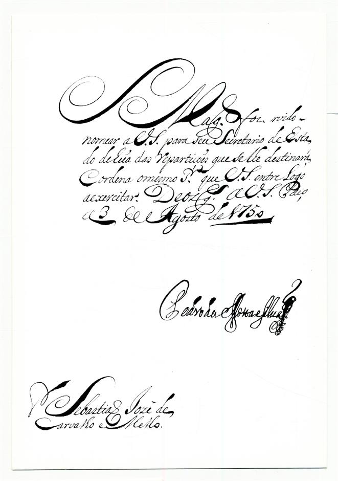 Aviso de 3 de Agosto de 1750 informando Sebastião José de Carvalho e Melo, da resolução Régia em nomear o Secretário de Estado