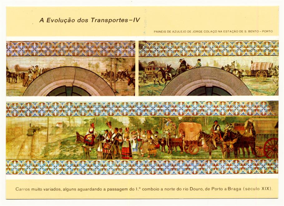 A Evolução dos Transportes : IV : carros muito variados, alguns aguardando a passagem do 1.º comboio a norte do rio Douro, de Porto a Braga (século XIX)