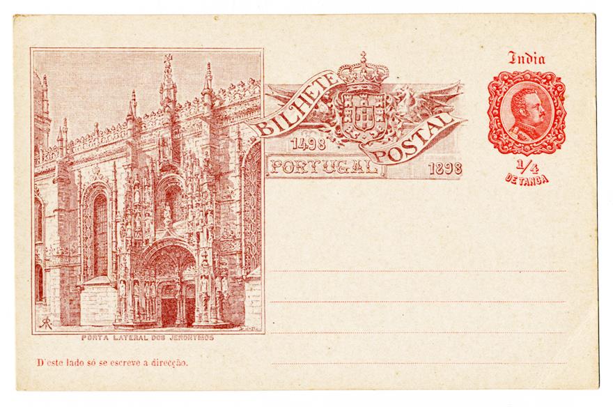 Bilhete Postal [para] Índia : porta lateral dos Jerónimos