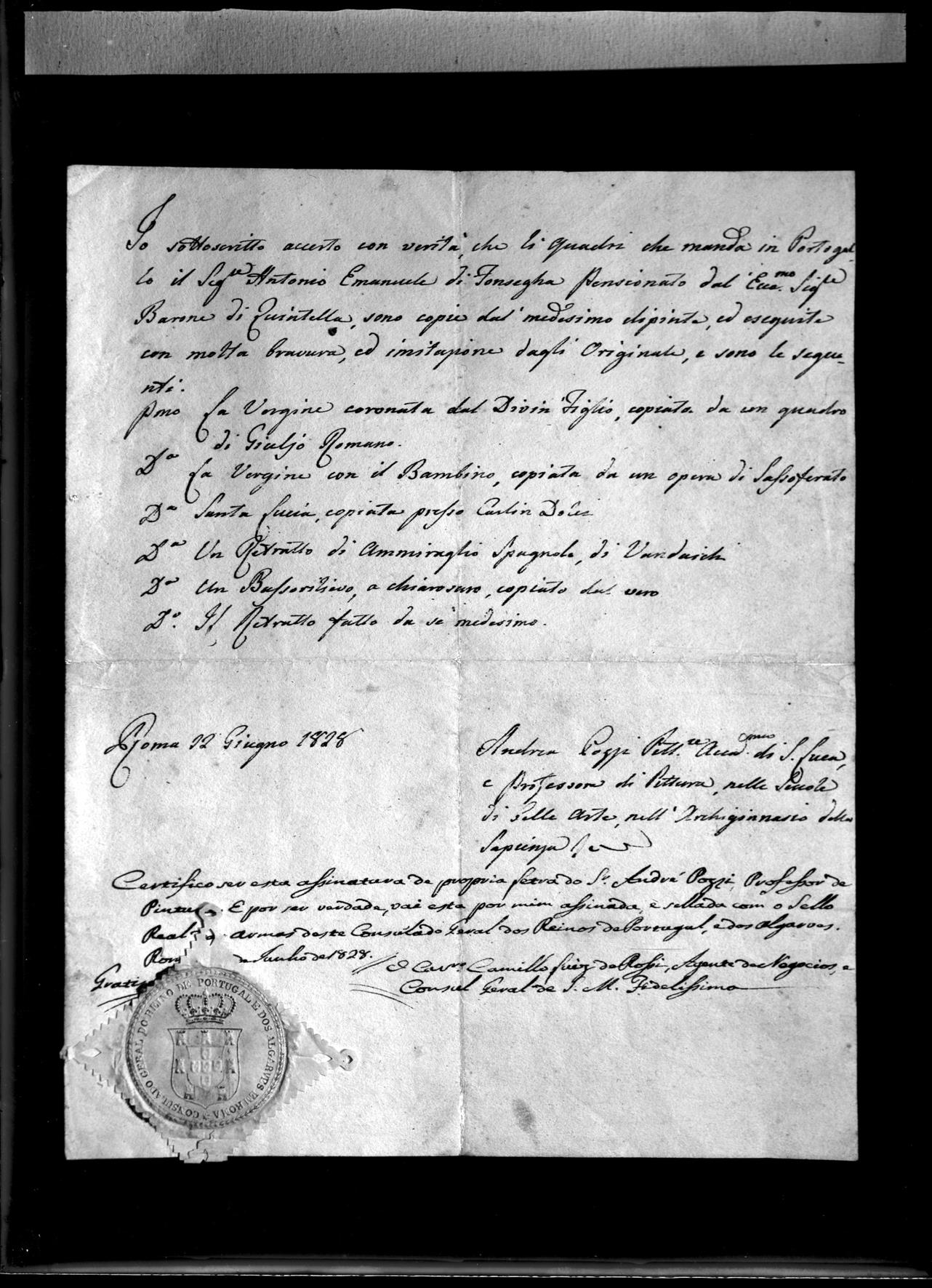 Documento do professor de pintura André Rossi autenticado pelo Consulado Português em Roma : 1828