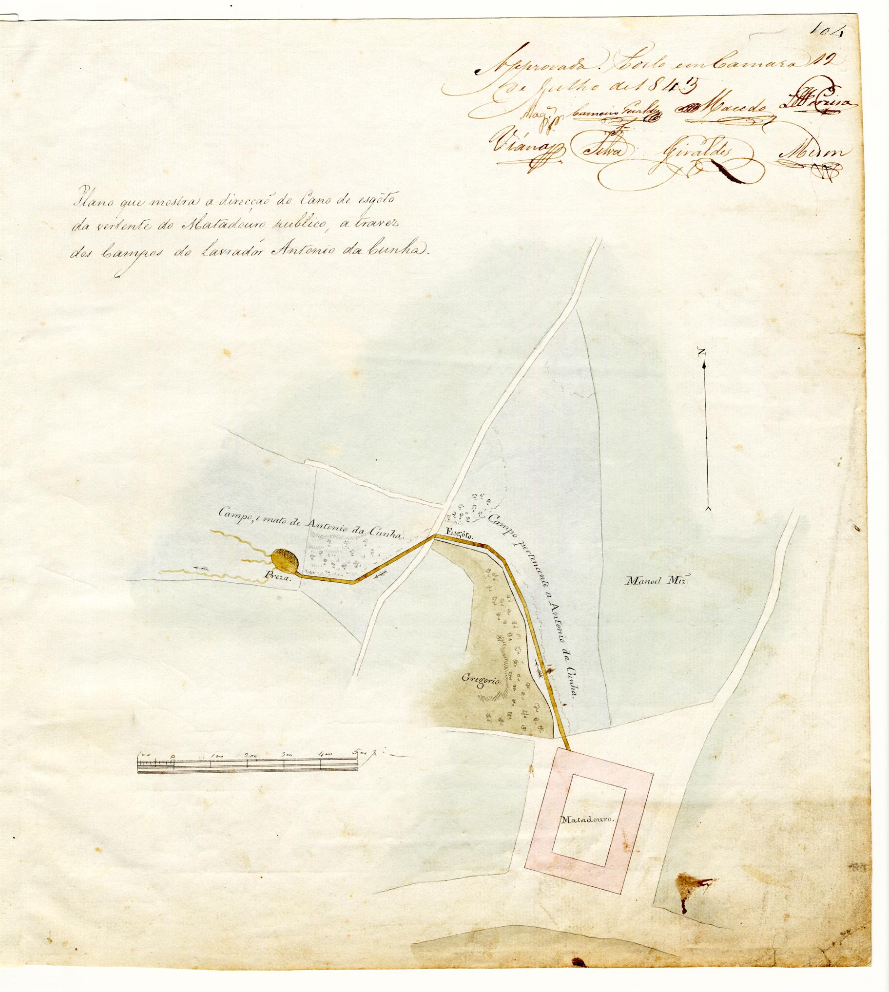 Plano que mostra a direção do cano de esgoto da vertente do Matadouro Público através dos campos do lavrador António da Cunha