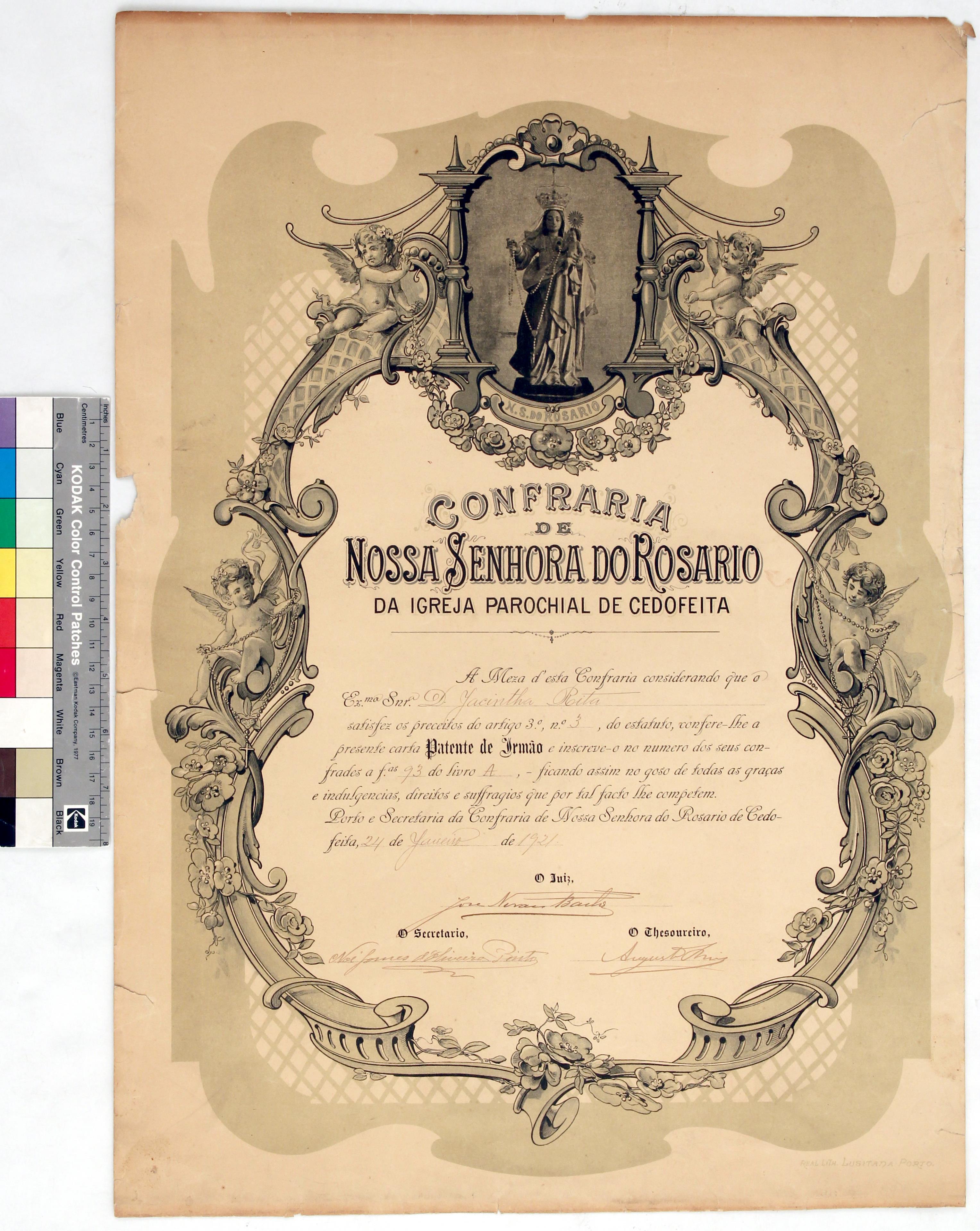 [Carta Patente de Irmão da Confraria de Nossa Senhora do Rosário de Cedofeita]