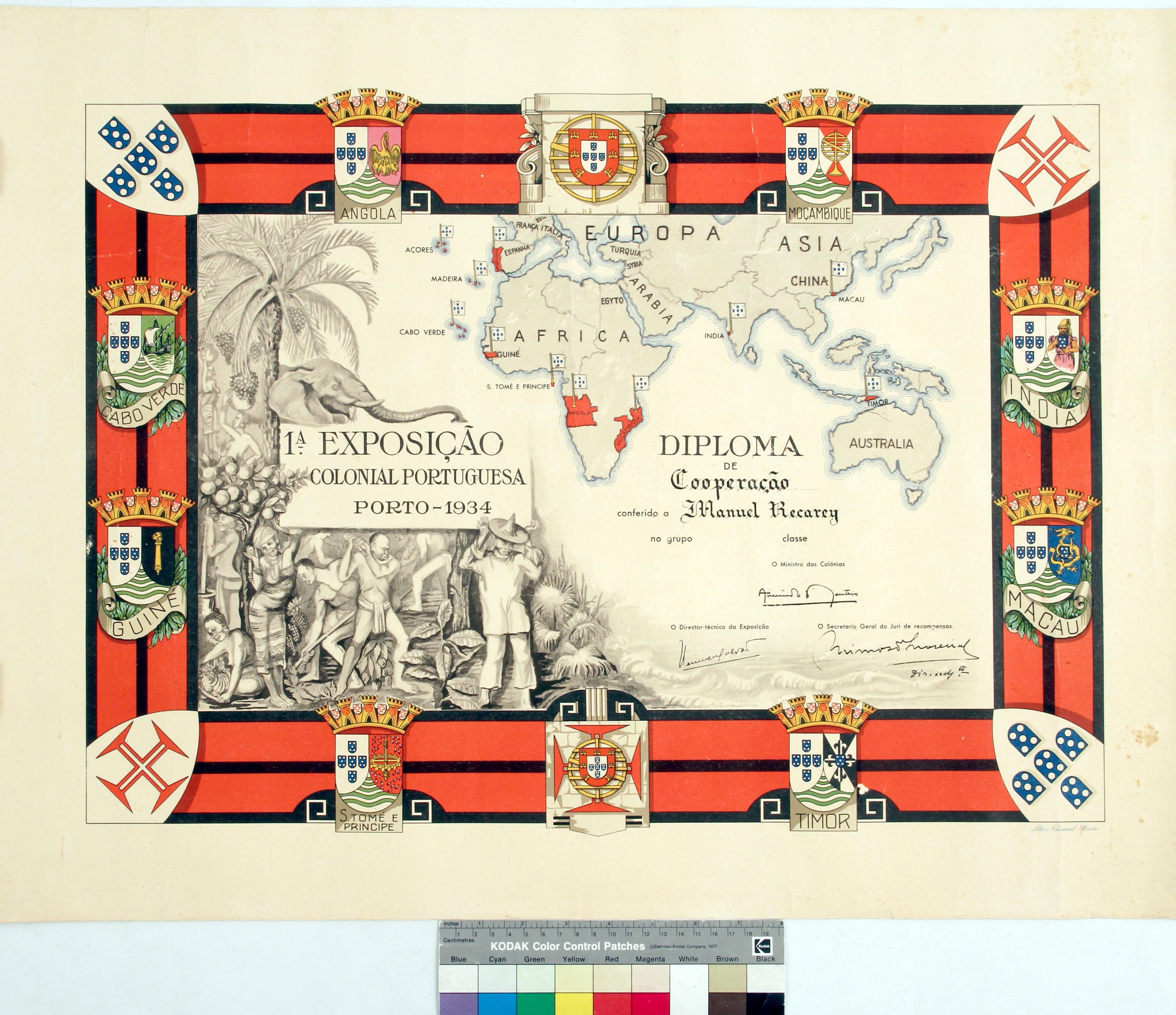 Diploma de cooperação na 1º Exposição Colonial Portuguesa, conferido a Manuel Recarei