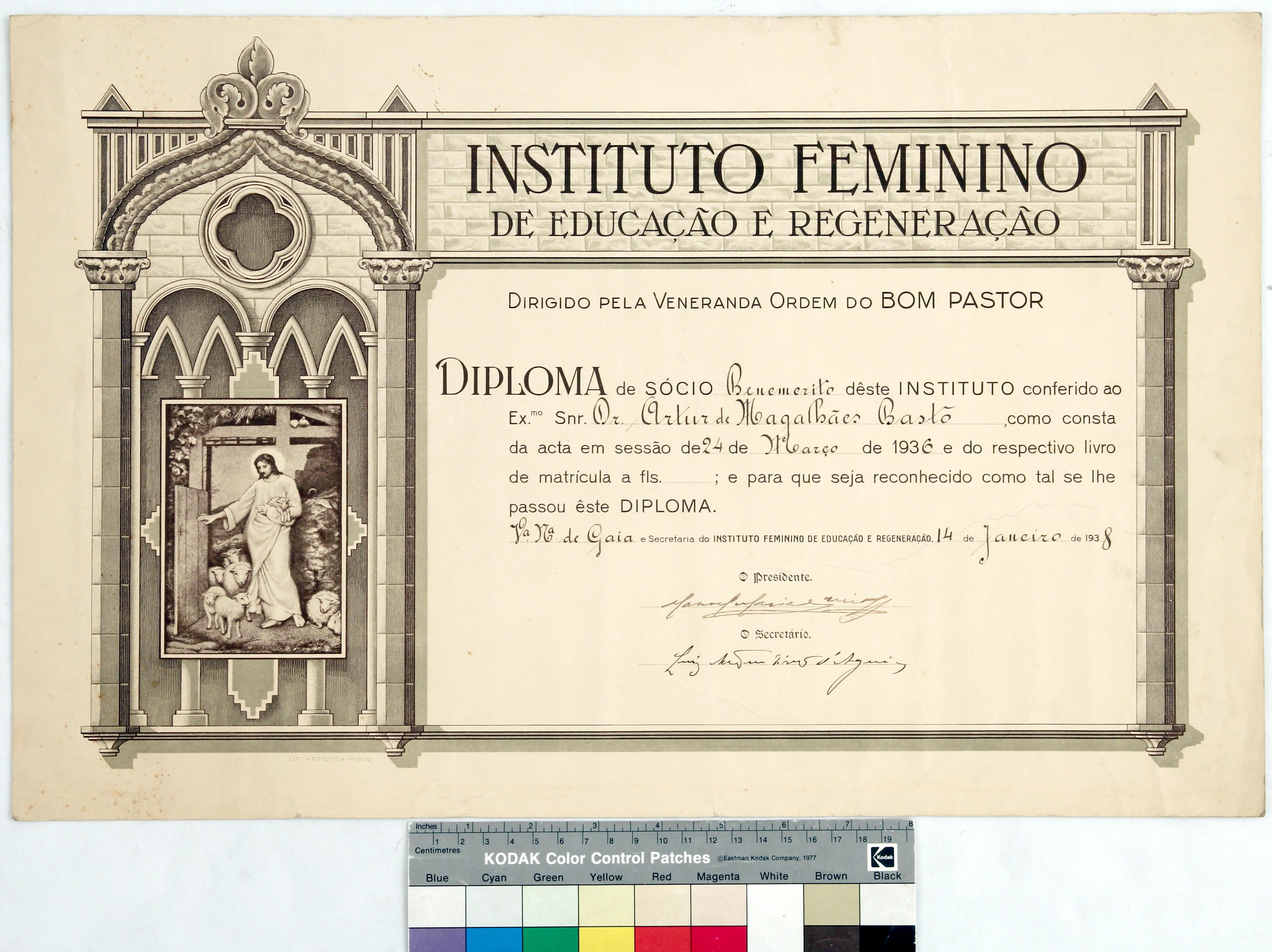 Diploma de sócio benemérito do Instituto Feminino de Educação e Regeneração
