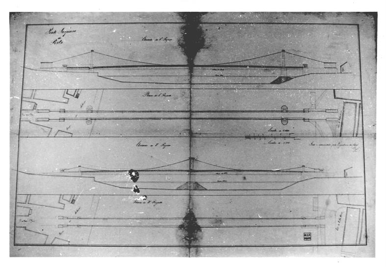 Ponte suspensa sobre o rio Douro : planta e alçado